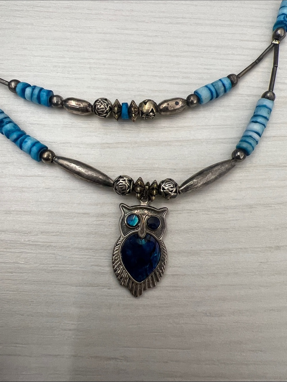 Blue Owl Pendant Necklace with Beaded Accents